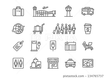 Airport and travel line icon set. Vector illustration of passenger services, transportation, terminal, luggage, and tourism symbols in black outline style. Airport and travel line icon set. Vector illustration of passenger services, transportation, terminal, luggage, and tourism symbols in black outline style. 134765737