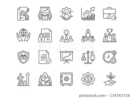 Business and finance line icon set. Vector symbols for partnership, collaboration, success, money, and contract. Clean outline style. 134765738