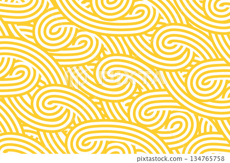 Yellow swirl pattern. Noodle texture for packaging and menus. Abstract spaghetti background. Chinese-style design. 134765758