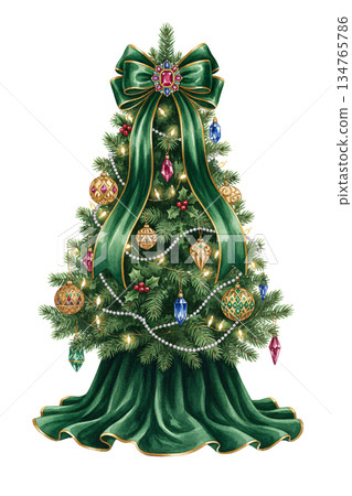Watercolor Christmas Tree with Luxury Dark Green Ribbon Bow and Matching Green Tree Skirt Isolated on White Background, Elegant Festive Holiday Decoration Illustration 134765786