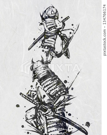 Ink painting illustration of samurai confrontation Ink painting illustration of samurai confrontation 134766174