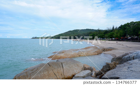 Panoramic View of White Sand Beach and Hills in Bangka Island Panoramic View of White Sand Beach and Hills in Bangka Island 134766377