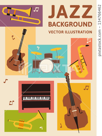 色彩繽紛的復古爵士樂隊樂器向量圖 134766462