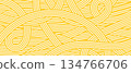 Abstract pattern of long white lines on yellow background. Geometric spaghetti or pasta texture. Asian food poster for restaurant. Banner for Asian cuisine. 134766706