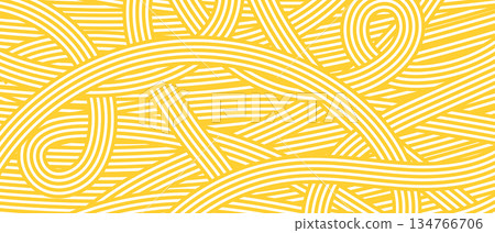 Abstract pattern of long white lines on yellow background. Geometric spaghetti or pasta texture. Asian food poster for restaurant. Banner for Asian cuisine. Abstract pattern of long white lines on yellow background. Geometric spaghetti or pasta texture. Asian food poster for restaurant. Banner for Asian cuisine. 134766706