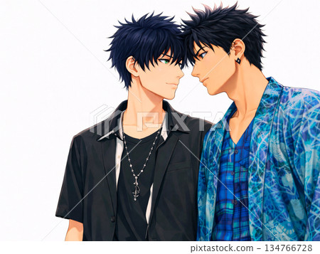 一幅充滿張力的耽美插畫,描繪了兩個人臉貼著臉,互相凝視的畫面。 一幅充滿張力的耽美插畫,描繪了兩個人臉貼著臉,互相凝視的畫面。 134766728