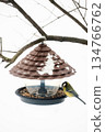 A titmouse eats seeds and bird food from a plastic feeder, against a snowy background, close-up 134766762