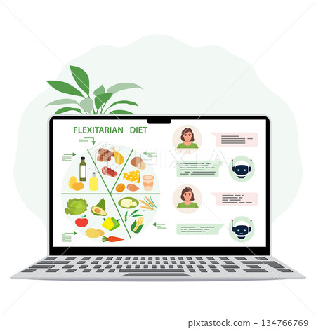 Flexitarian diet infographic on laptop screen with healthy food illustrations and plant background 134766769