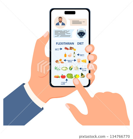 Flexitarian diet mobile app interface with user avatar and food illustrations on smartphone screen Flexitarian diet mobile app interface with user avatar and food illustrations on smartphone screen 134766770