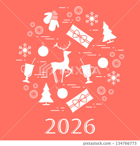 Christmas illustration with festive icons, gifts, tree, snowflakes, and year 2026 text 134766773