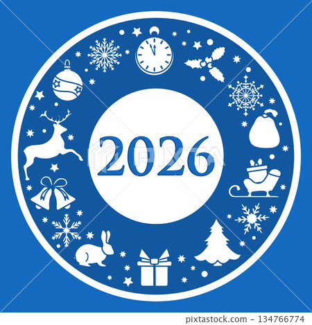 New year 2026 design with various holiday symbols in circular layout on blue background 134766774