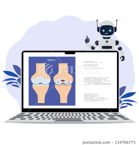 Robot presenting medical illustration of knee joint anatomy on laptop screen, suitable for education 134766775
