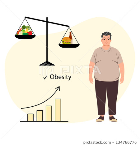 Obesity concept illustration with overweight man, imbalance scale with food, and increasing graph 134766776