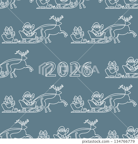 Seamless Christmas pattern features Santa riding sleigh pulled by reindeer, text 2026 Seamless Christmas pattern features Santa riding sleigh pulled by reindeer, text 2026 134766779