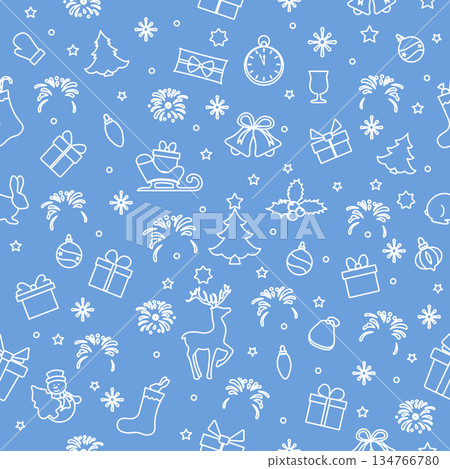 Christmas seamless pattern with trees, gifts, and decorations on a blue background Christmas seamless pattern with trees, gifts, and decorations on a blue background 134766780