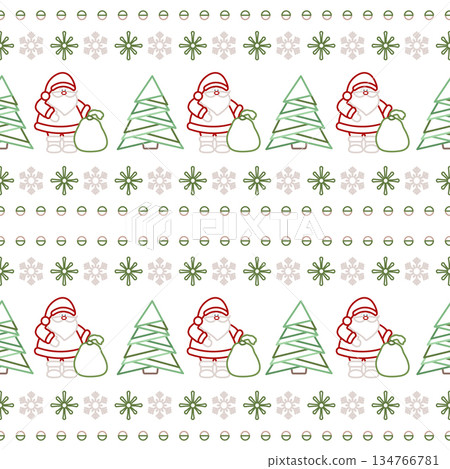 Christmas pattern featuring Santa Claus, trees, snowflakes, and stars in festive colors background Christmas pattern featuring Santa Claus, trees, snowflakes, and stars in festive colors background 134766781
