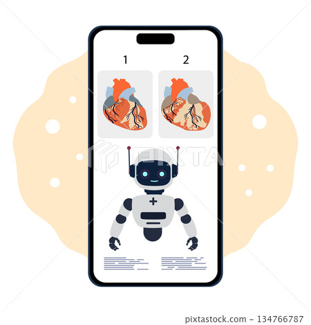 Medical technology concept with a robot and heart diagrams on a smartphone screen illustration 134766787