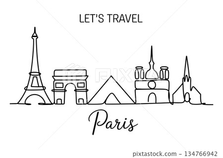 Paris City Skyline Landmarks Continuous One Line Drawing Vector Illustration Paris City Skyline Landmarks Continuous One Line Drawing Vector Illustration 134766942