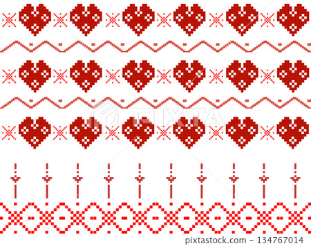 Seamless red heart cross-stitch embroidery pattern. Ideal for Valentine's Day cards, romantic textile prints, gift wrap, digital scrapbooking, and handmade craft backgrounds Seamless red heart cross-stitch embroidery pattern. Ideal for Valentine's Day cards, romantic textile prints, gift wrap, digital scrapbooking, and handmade craft backgrounds 134767014