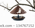 A plastic bird feeder with seeds and bird food hangs from a tree. Caring for birds in winter 134767152