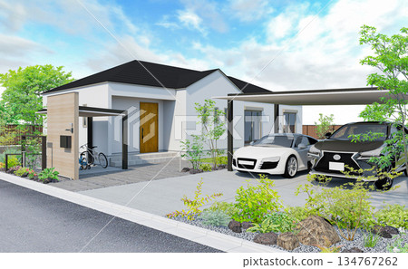 Open exterior house with garage 134767262