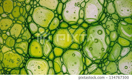 Vibrant macro shot of liquid bubbles and organic textures in shades of yellow and green. The intricate design evokes themes of microbiology, cellular structures, and scientific research. High-quality  134767300