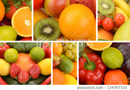 Vibrant Collage of Fresh Fruits and Vegetables 134767310