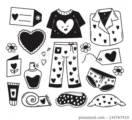 Cute Valentines Day Loungewear and Accessories Doodle. Isolated Girly Pajama with Hearts, Sleepwear and Cozy Home Items. Hand-drawn Set. Vector Illustration. Not AI 134767419
