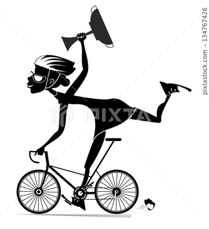 Cartoon woman rides a bike and wins the race. Smiling woman in helmet rides a bike and finishes with a winner cup in the hand. Black and white illustration Cartoon woman rides a bike and wins the race. Smiling woman in helmet rides a bike and finishes with a winner cup in the hand. Black and white illustration 134767426
