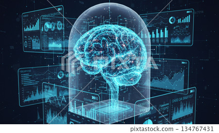 Digital ai brain hologram with futuristic data interface 4k ai Digital ai brain hologram with futuristic data interface 4k ai 134767431