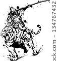 Ink painting illustration of a samurai riding a tiger 134767432