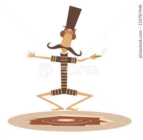 Beach. Cartoon man in the stripe swimsuit with cigar standing near the water. Cartoon man in the top hat with cigar stands on the shore. Isolated on white background Beach. Cartoon man in the stripe swimsuit with cigar standing near the water. Cartoon man in the top hat with cigar stands on the shore. Isolated on white background 134767446