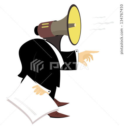 Man with megaphone instead of head. Boss with megaphone instead of head gives directions. Speaker makes announcement Man with megaphone instead of head. Boss with megaphone instead of head gives directions. Speaker makes announcement 134767450