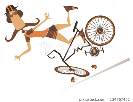 Cartoon man falling down from the bicycle. Cartoon long mustache man in the helmet falling down from the bicycle. Isolated on white background 134767462
