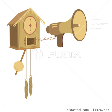 Cartoon cuckoo clock. Cartoon cuckoo clock with megaphone instead bird announce the time	 134767463