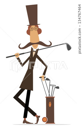 Funny long mustache man plays golf. Golf course. Cartoon long mustache gentleman in the top hat with golf club and golf bag. Isolated on white background Funny long mustache man plays golf. Golf course. Cartoon long mustache gentleman in the top hat with golf club and golf bag. Isolated on white background 134767464