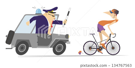 Angry traffic policeman pursues the cyclist man on the car. Frightened cycling man tries to ride away from the shouting angry traffic policeman, pursuing him on the police car. Isolated on white 134767563