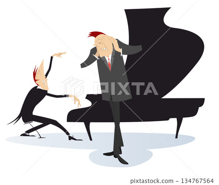 Singer and pianist men. Duet of musicians. Couple musicians. Upset singer man closes his ears and bad playing piano pianist man Singer and pianist men. Duet of musicians. Couple musicians. Upset singer man closes his ears and bad playing piano pianist man 134767564