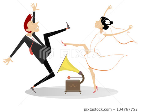 Dancing married wedding couple. Vintage record player and dancing happy man and woman in the white dress and wedding veil. Isolated on white background Dancing married wedding couple. Vintage record player and dancing happy man and woman in the white dress and wedding veil. Isolated on white background 134767752