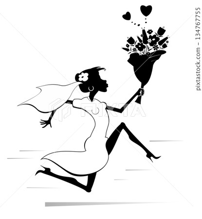 Cartoon running woman with a bunch of flowers. Heart symbols. Pretty bride in the white dress and wedding veil running with bunch of flowers at his hand. Black and white illustration Cartoon running woman with a bunch of flowers. Heart symbols. Pretty bride in the white dress and wedding veil running with bunch of flowers at his hand. Black and white illustration 134767755
