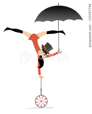 Equilibrist woman with umbrella balances on the unicycle. Sexy young woman in the top hat with umbrella balances on one hand on the unicycle. Isolated on white background 134767796
