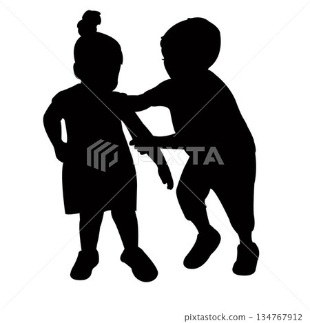 two children playing together, silhouette vector two children playing together, silhouette vector 134767912