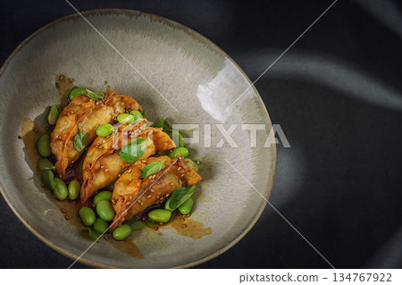Gourmet Asian Dumplings with Edamame and Sesame Sauce on Dark Background Gourmet Asian Dumplings with Edamame and Sesame Sauce on Dark Background 134767922