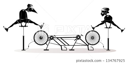 Man and woman inflating the wheel on the tandem bike. Broken tandem bike. Cyclist man cyclist woman inflating the wheel on the tandem bike. Sportsperson repairs the bicycle Man and woman inflating the wheel on the tandem bike. Broken tandem bike. Cyclist man cyclist woman inflating the wheel on the tandem bike. Sportsperson repairs the bicycle 134767925