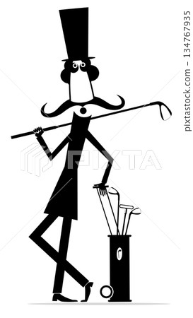 Funny long mustache man plays golf. Golf course. Cartoon long mustache gentleman in the top hat with golf club and golf bag. Black and white illustration 134767935