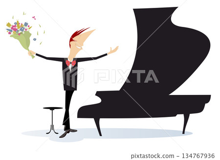 Pianist with bunch of flowers stands near a piano. Happy pianist stands near a piano and bows to the audience	 134767936