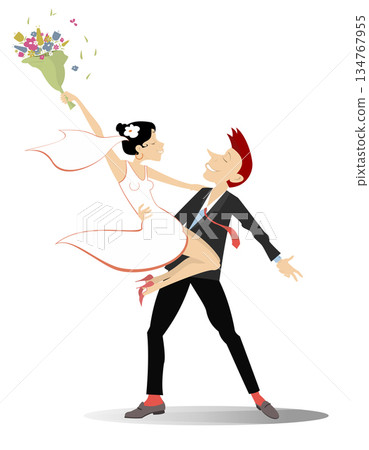 Dancing married wedding couple illustration. Dancing happy man and woman in the white dress and wedding veil. Isolated on white background Dancing married wedding couple illustration. Dancing happy man and woman in the white dress and wedding veil. Isolated on white background 134767955