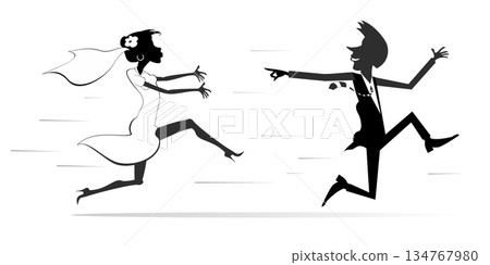 Married wedding couple. Bridegroom runs away from the bride. Upset bride trying to catch up a runaway bridegroom. Running bridegroom looks back and points a finger to the bride trying to catch him. 134767980