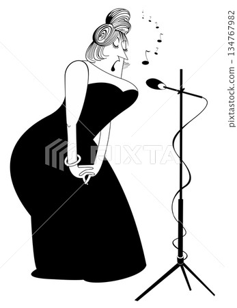 Elegant curvy singer woman. Cartoon elegant curvy woman sings to microphone with great inspiration	 134767982