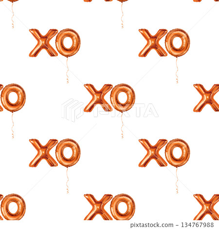 Xoxo gold foil balloons seamless pattern for Valentine Day. Hand drawn luxury holiday print with staggered metallic sign on white background. Ideal for wrapping paper or romantic festive party design. 134767988